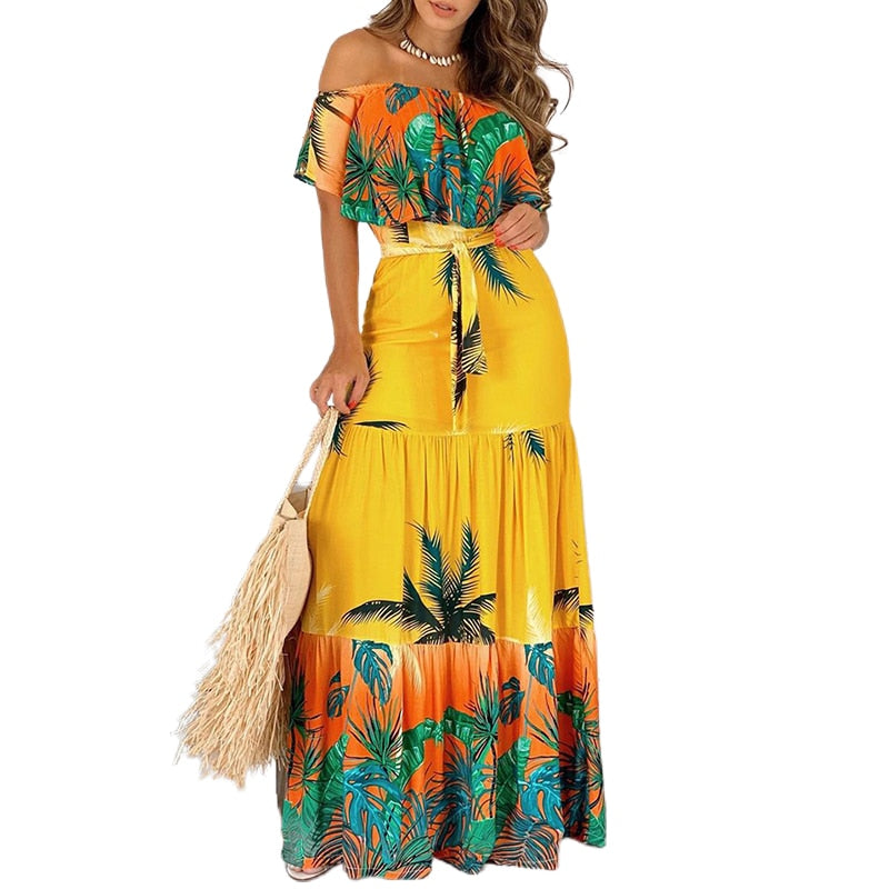 Women's Off Shoulder Maxi Dress with Tropical Print