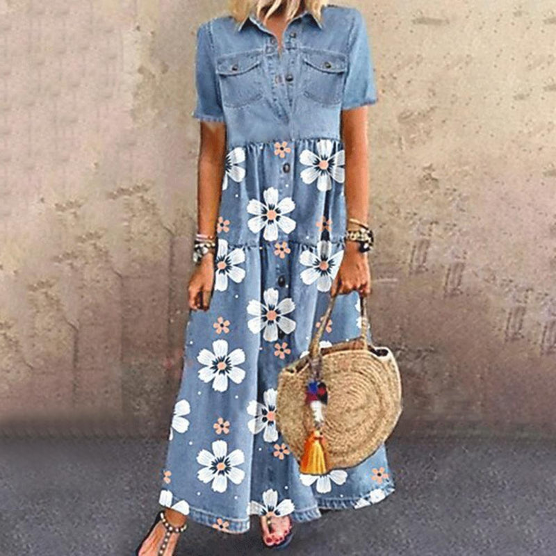 Floral Printed Single-breasted Patchwork Pockets Dress With Turn Down Collar