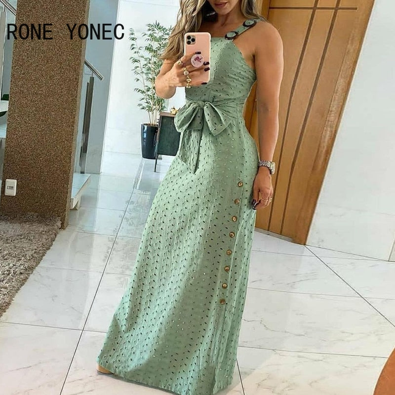 Women Elegant Thick Strap Hollow Out Maxi Dress With Belt