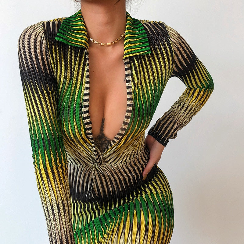 Women long sleeve See Through Bodycon Striped Mini Sundress