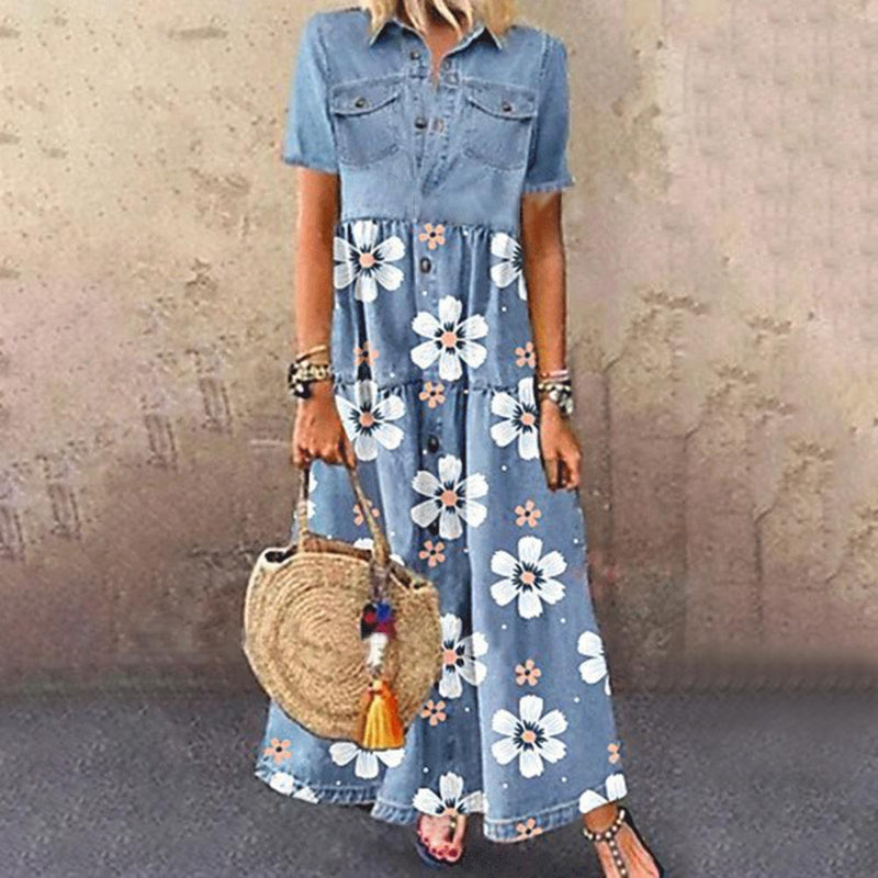 Floral Printed Single-breasted Patchwork Pockets Dress With Turn Down Collar