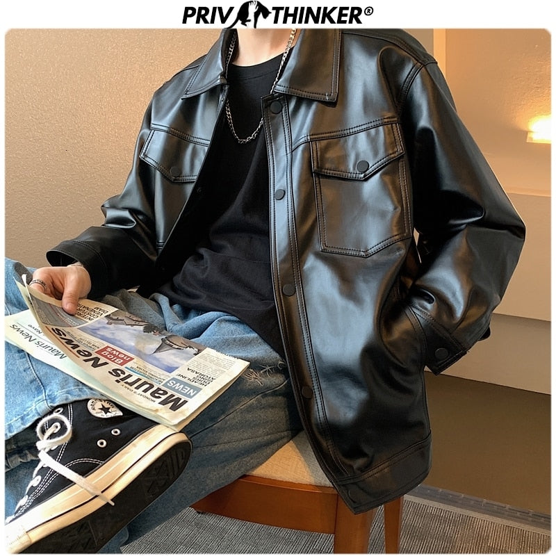 Private thinker Men Spring Black Soft Faux Leather Jacket