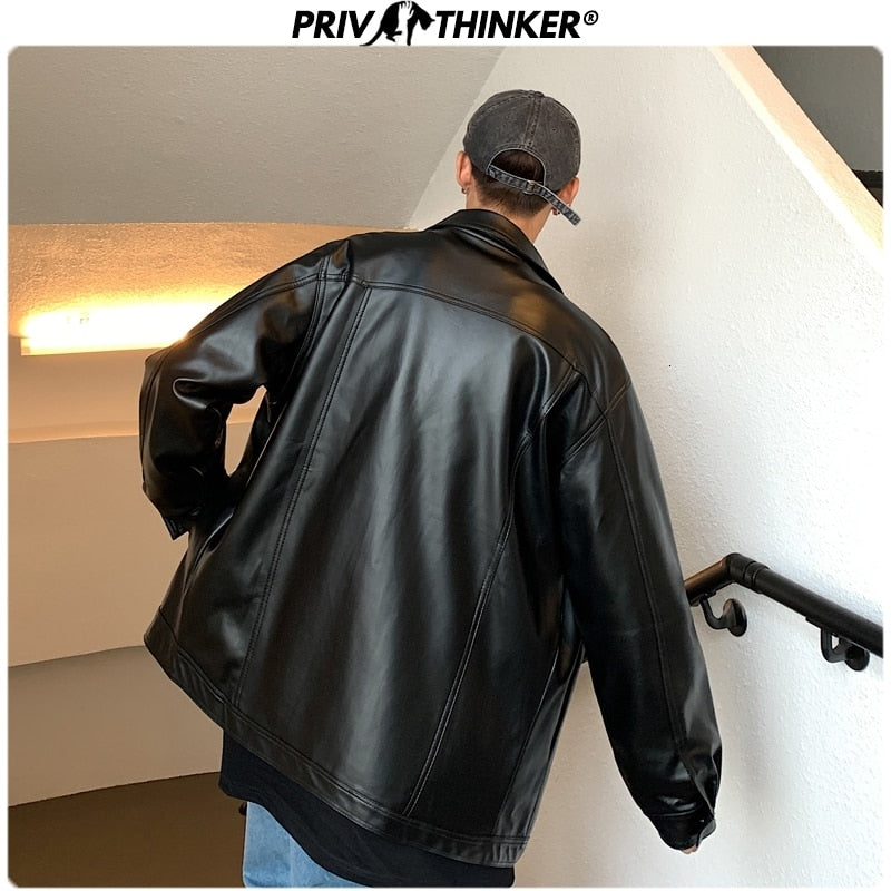 Private thinker Men Spring Black Soft Faux Leather Jacket
