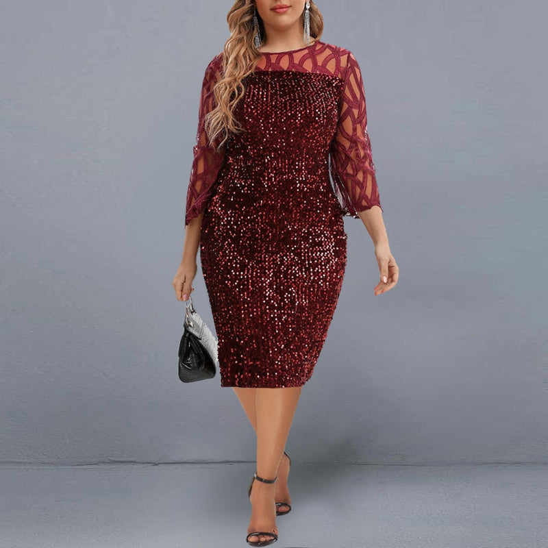 Elegant Sequin Evening Party Dresses with Mesh Patchwork