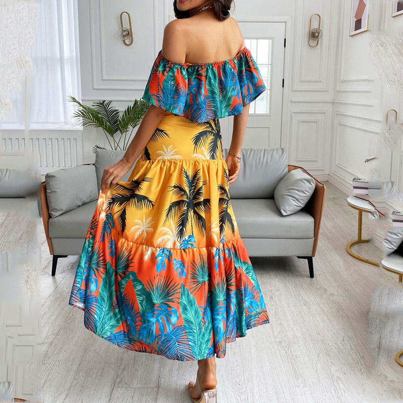 Women's Off Shoulder Maxi Dress with Tropical Print