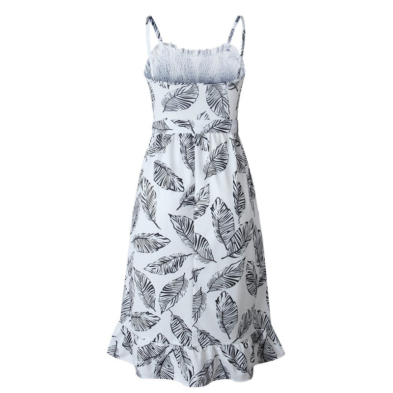 Casual Backless Summer Boho Dress With Leaf Print