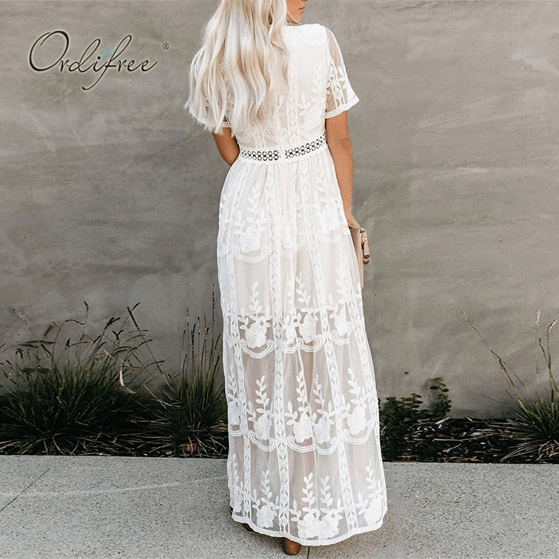 Ordifree Women's Loose Embroidery Maxi Dress in White