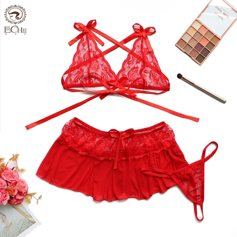 Red lace 3Pcs Lingerie Set