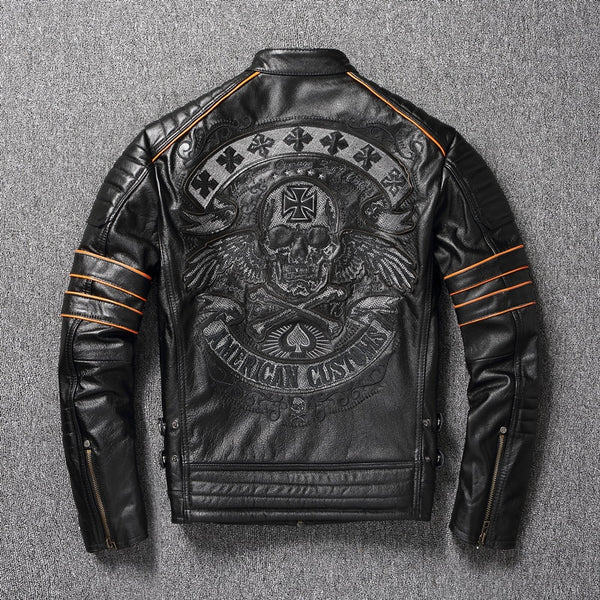 New Skull Embroidery First Layer Cowhide Motorcycle Slim  Oversize Leather Jacket