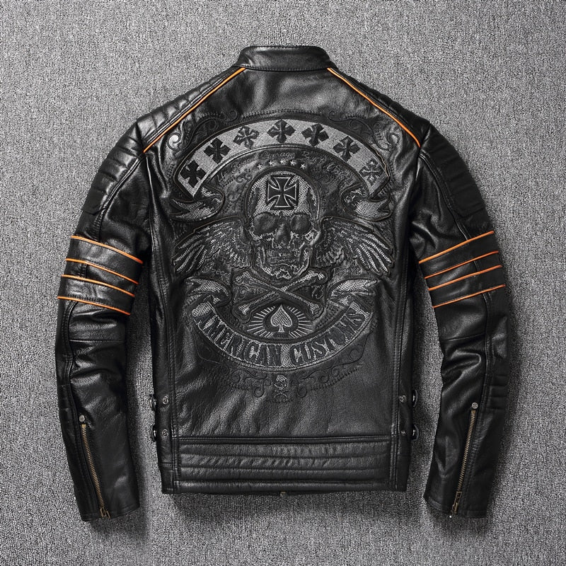 New Skull Embroidery First Layer Cowhide Motorcycle Slim  Oversize Leather Jacket