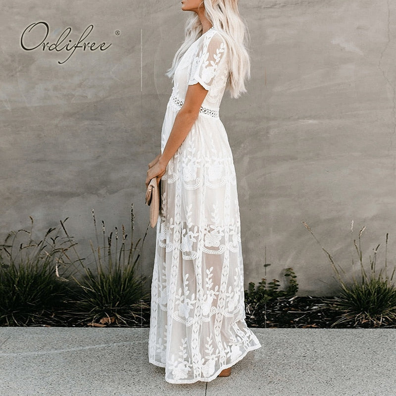 Ordifree Women's Loose Embroidery Maxi Dress in White
