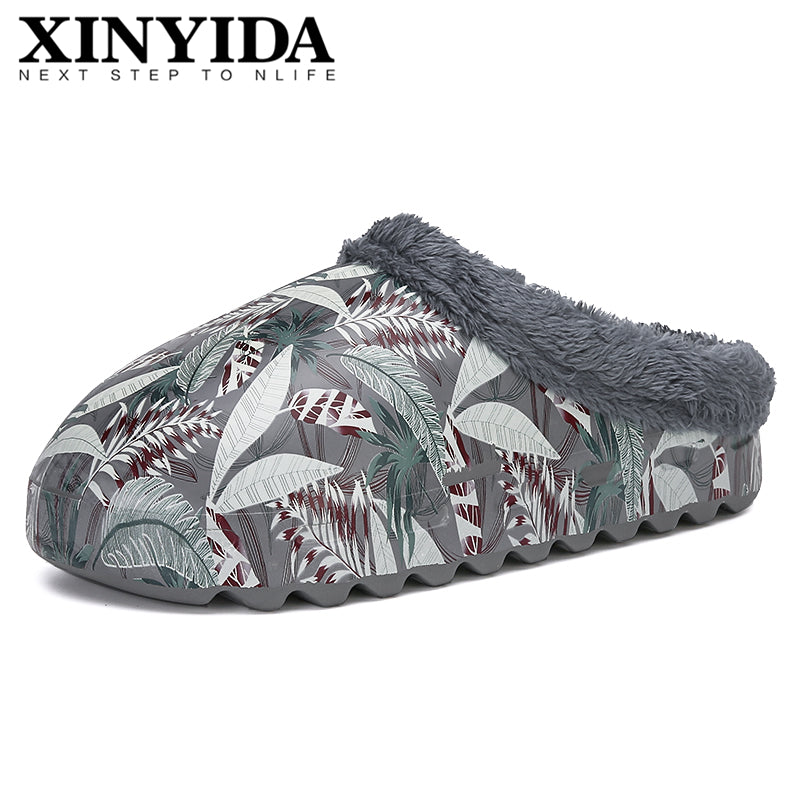 Winter Unisex YZY Fur Slides Slip On With Leaves Pattern