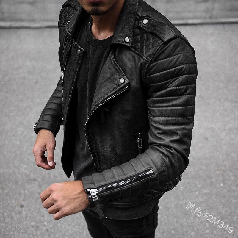 Men Faux Leather Jacket Spring Autumn Slim Solid Zipper Stitching Motorcycle Jacket