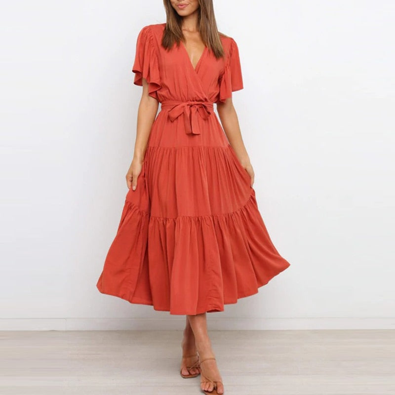 Summer Ladies New Casual Solid Color Short Sleeve Maxi Dress