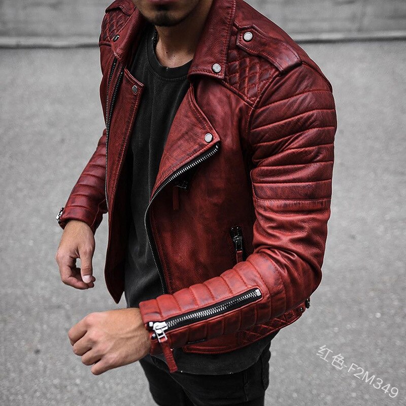 Men Faux Leather Jacket Spring Autumn Slim Solid Zipper Stitching Motorcycle Jacket