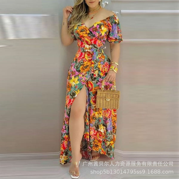 Floral Print V-Neck Side Open casual Short Sleeve Elegant Long Dress