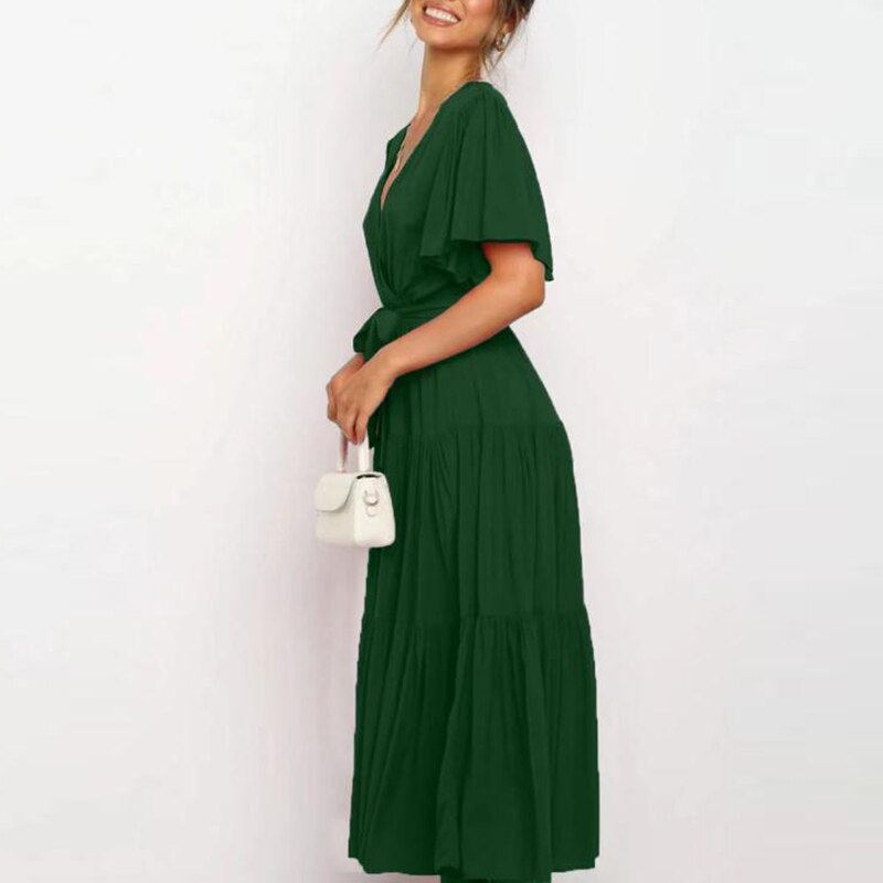 Summer Ladies New Casual Solid Color Short Sleeve Maxi Dress