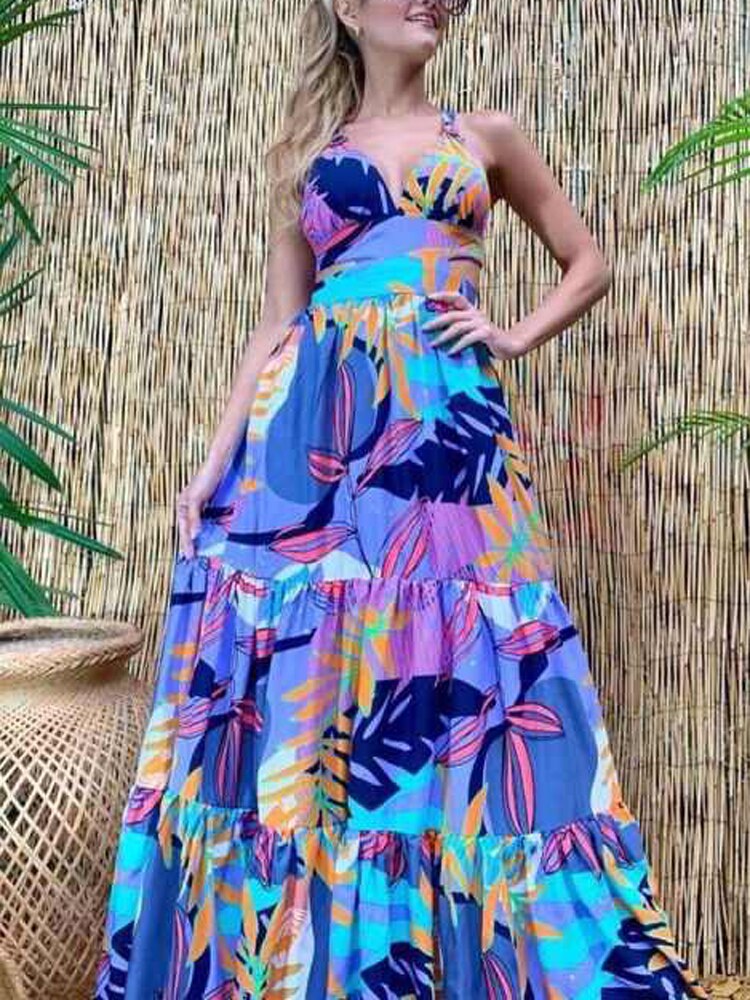 Summer Printed Ruffle Vintage Party Dress with Spaghetti Strap