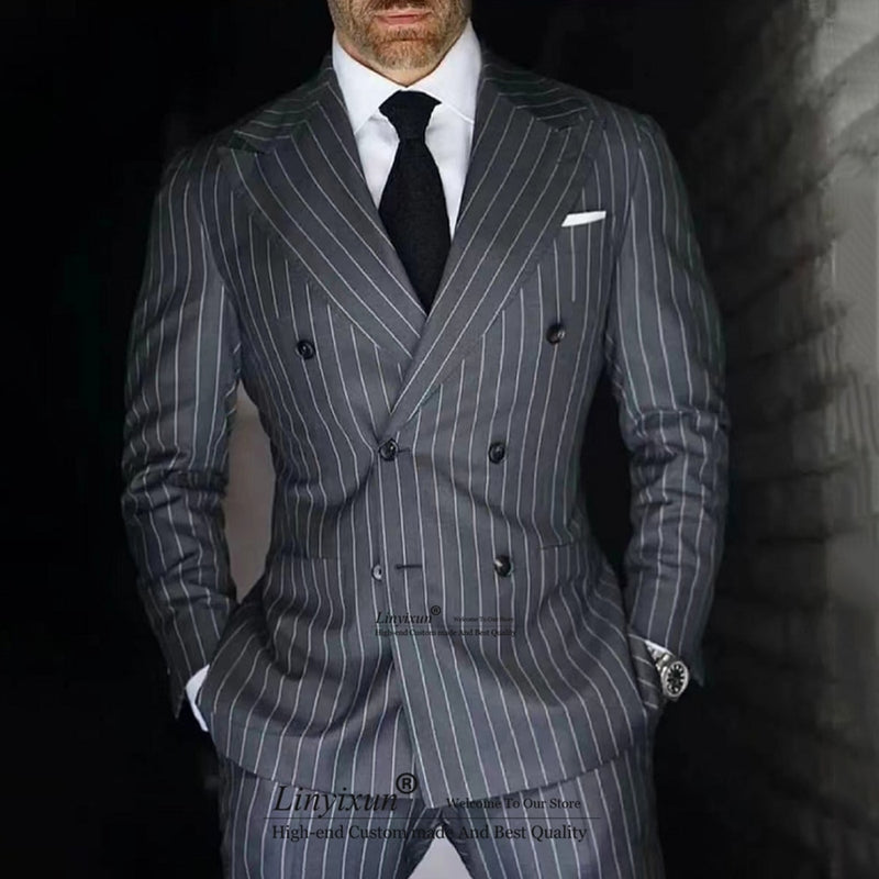 Classic Dark Gray Striped Mens Double Breasted Suits
