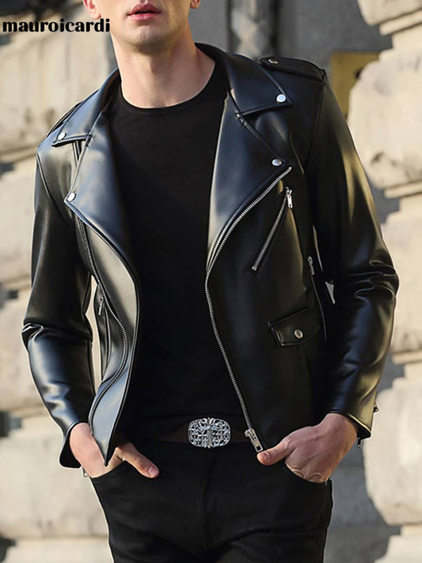 Mauroicardi  Short Fitted Cool Black Faux Leather Biker Jacket