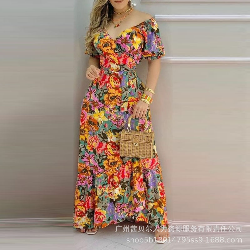 Floral Print V-Neck Side Open casual Short Sleeve Elegant Long Dress