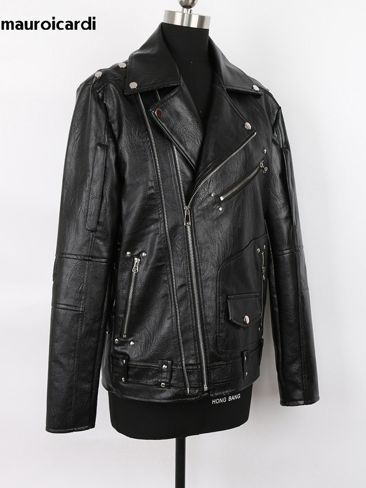 Mauroicardi Plus Size  Long Sleeve Black Leather Biker Jacket for Men Style 2021