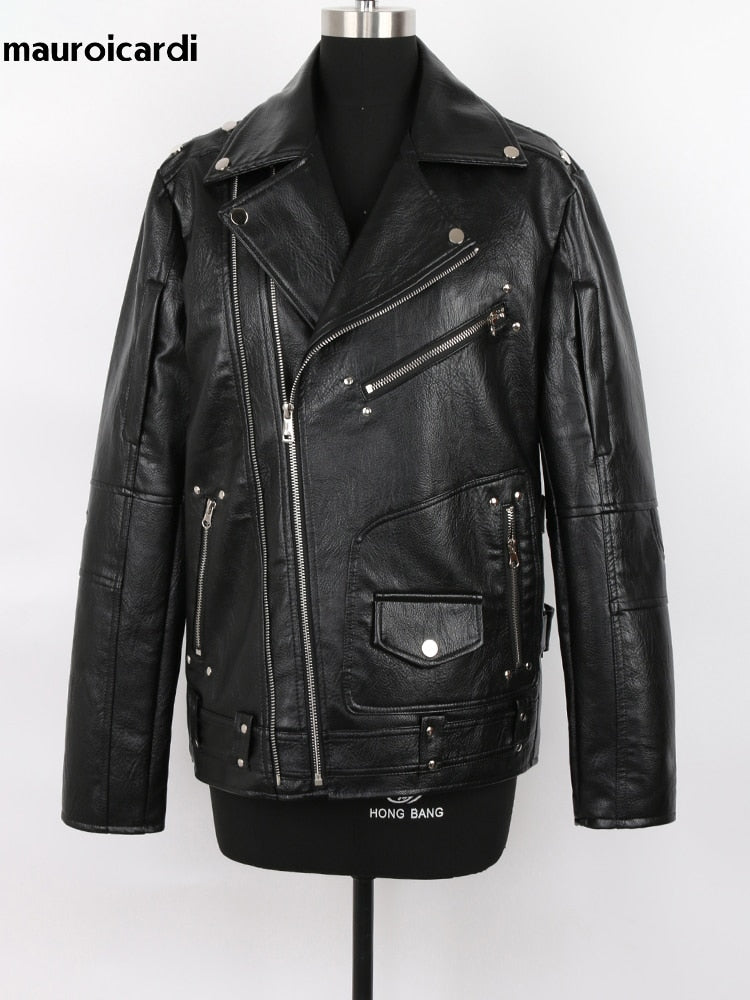 Mauroicardi Plus Size  Long Sleeve Black Leather Biker Jacket for Men Style 2021