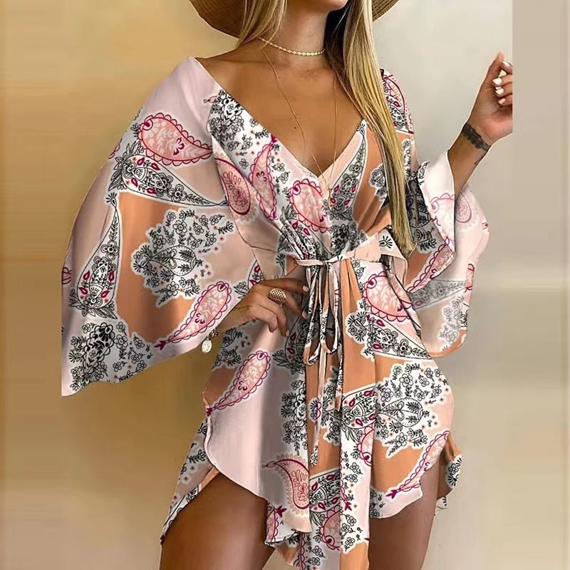 Floral Printed Mini Casual Flared Sleeve dress