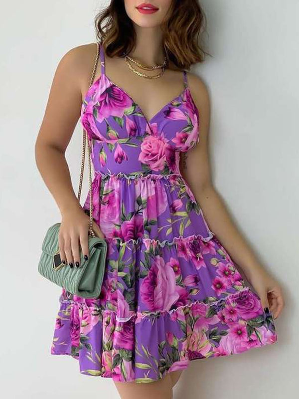 Summer Printed Ruffle Vintage Party Dress with Spaghetti Strap
