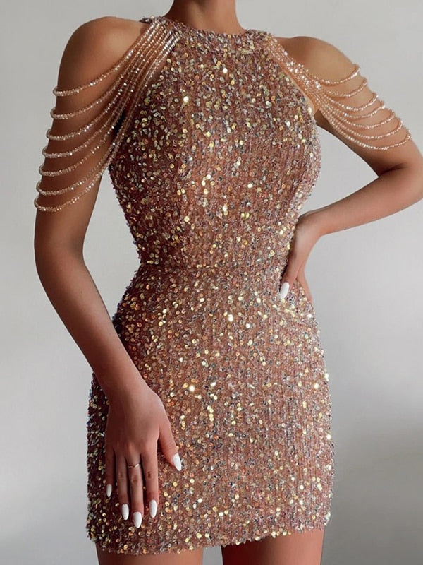 Off Shoulder Gold Sequin Bodycon Dress